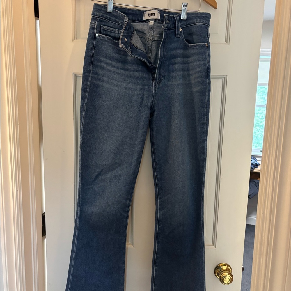 PAIGE Women's Claudine Dark Blue Flare Jeans, raw hem